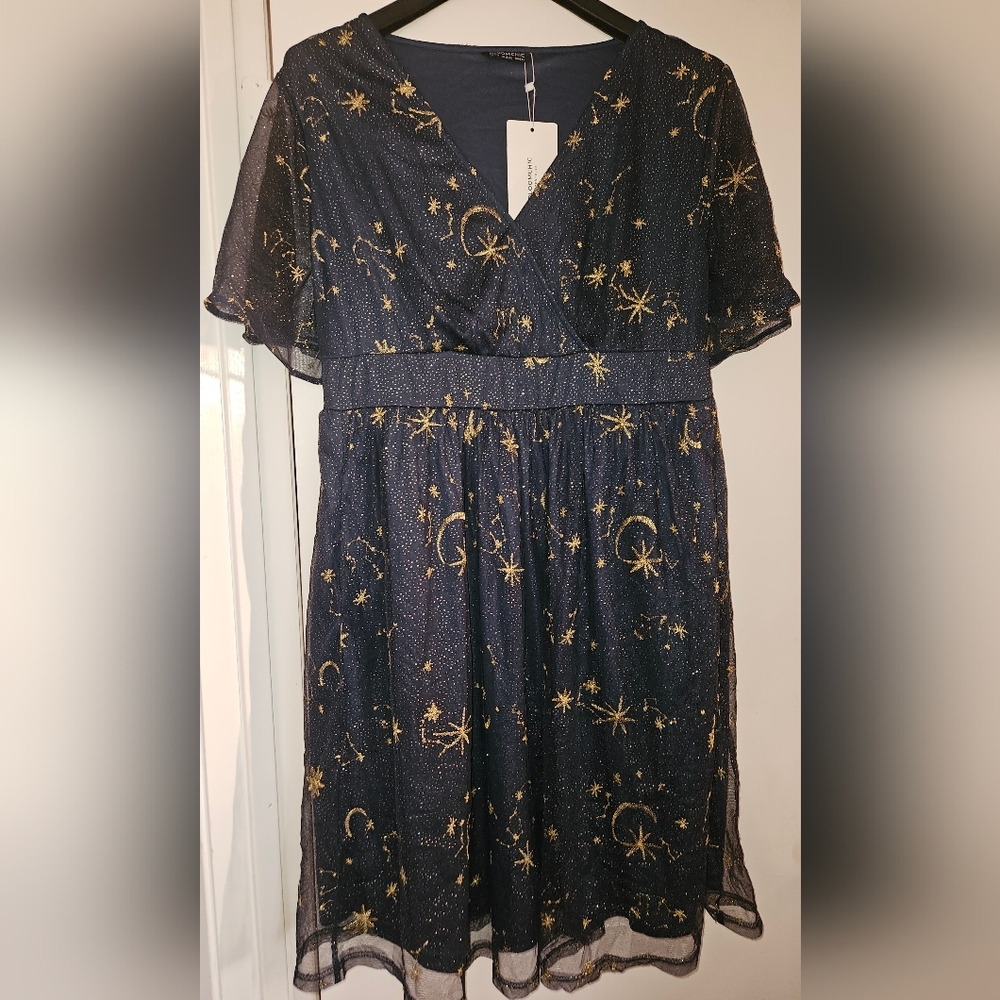 Bloomchic Star & Moon Embroidered Mesh Ruffle Sleeve Pocket Wrap Dress